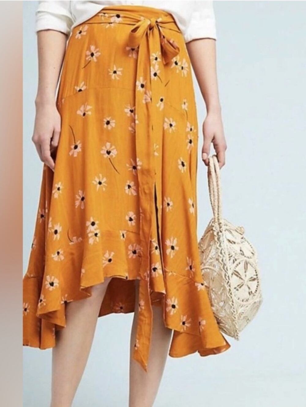 Anthropologie Faithfull belted botany High-Low Skirt in Floral Mustard Orange